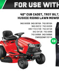 42 Inch Mower Blades With 6 Star Mounting Pattern For Bronco Pony XT1 LT42 42 Inch Deck Zero Turn Lawn Tractor Mulching Type 1 942-0616A 742-0616A Replacement next to red riding lawn tractor.