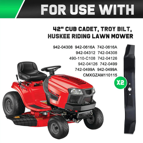 42 Inch Mower Blades With 6 Star Mounting Pattern For Bronco Pony XT1 LT42 42 Inch Deck Zero Turn Lawn Tractor Mulching Type 1 942-0616A 742-0616A Replacement next to red riding lawn tractor.