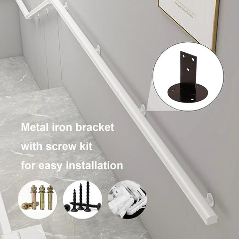 Rugged White Solid Wood Guardrail Loaded With Beefy Steel Brackets For Indoor Attic Or Stairway Safety Barrier Built Like A Tank Non Slip Grip Kid Approved Home Defense Six Point Six Feet Long with metal brackets for installation.