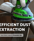 Green handheld sander with dust extraction system on chair, using Black And Decker Mouse Sanding Pads Pack With 60 80 120 150 220 Grits