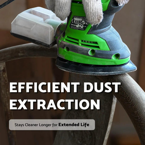 Green handheld sander with dust extraction system on chair, using Black And Decker Mouse Sanding Pads Pack With 60 80 120 150 220 Grits