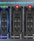 Comparison of three driver side power window switches with blue backlit button for Chrysler, Dodge, and Jeep vehicles