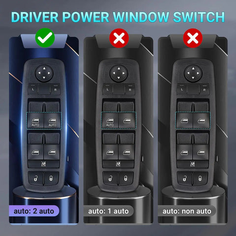 Comparison of three driver side power window switches with blue backlit button for Chrysler, Dodge, and Jeep vehicles