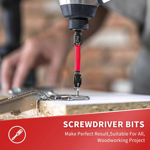 Close-up of a drill with a screwdriver bit attached in a woodworking project