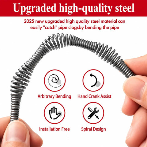 Image of Heavy Duty 33 Foot Drain Snake Auger made of high-quality steel, showcasing its flexible spiral design for easy bending.