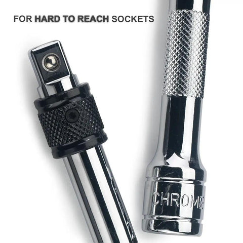 Close-up of Three Eighths Inch Drive Locking Extension Bar Set in chrome vanadium steel, highlighting locking mechanism and textured grip.