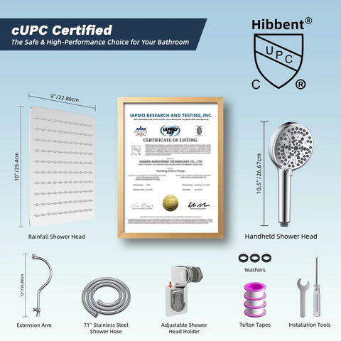 All Metal CUPC Certified Shower Head Combo components with 10 Inch Rainfall Head, Handheld Sprayer, 12 Inch Arm, 71 Inch Hose, Chrome Finish.