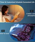 Woman reading under warm light and another sleeping with phone, showcasing Eight Pack Smart LED Color Changing Bulbs With WiFi And Bluetooth 100W Equiv Dimmable RGB A19 E26 110V Works With Alexa Google Assistant Siri Shortcuts Music Sync Easy Voice Control