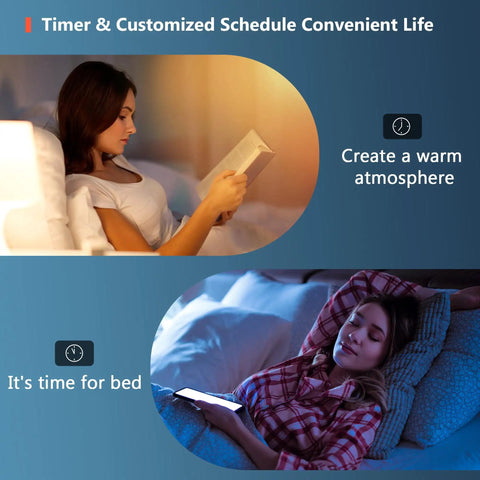 Woman reading under warm light and another sleeping with phone, showcasing Eight Pack Smart LED Color Changing Bulbs With WiFi And Bluetooth 100W Equiv Dimmable RGB A19 E26 110V Works With Alexa Google Assistant Siri Shortcuts Music Sync Easy Voice Control