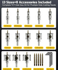 Rock Hard Carbide Hole Saw Kit For Metal Working Twenty One Piece TCT Cutter Set showing 13 sizes including small to large hole saws and tools.