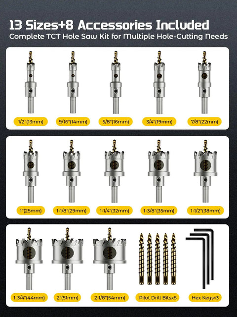 Rock Hard Carbide Hole Saw Kit For Metal Working Twenty One Piece TCT Cutter Set showing 13 sizes including small to large hole saws and tools.