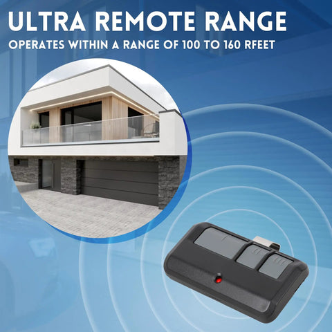 Two Pack Universal Garage Door Opener Remote for Most Major Brands, 120 Foot Range, image of remote and garage