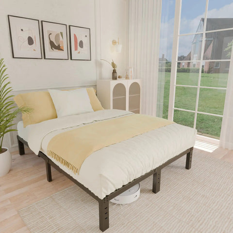 Straight Up Heavy Duty Queen Bed Frame Built Like A Tank With Ample Underbed Storage in a bright bedroom setting.