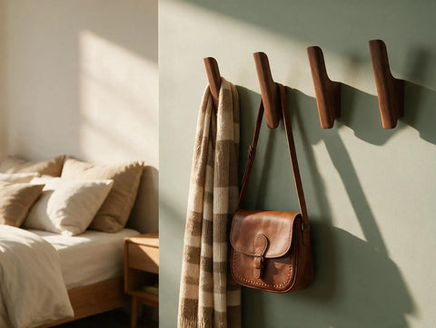 Rock-Solid Natural Walnut Wood 4 Pack Wall-Mounted Coat Hooks for a Super Entryway Glow Up handcrafted hooks holding a bag and scarf.