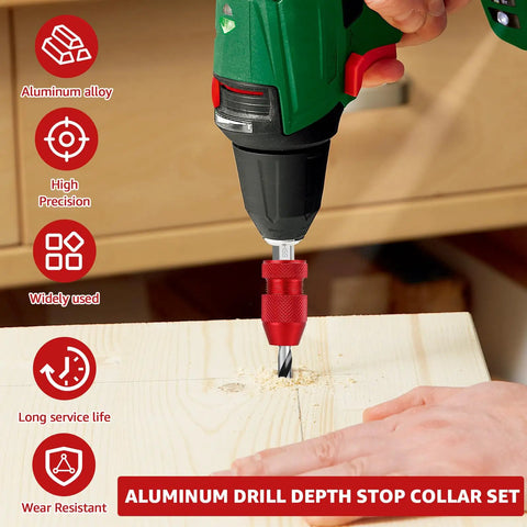 Heavy Duty Two Piece Adjustable Drill Bit Depth Stop Collar Kit Machined From Solid Aluminum Alloy Brings Straight Shooter Precision drilling in wood