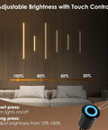 Six Piece Slat Wall Light Kit For Wood Panels With Adhesive Black LED Strips, dimmable touch control displayed above a sofa