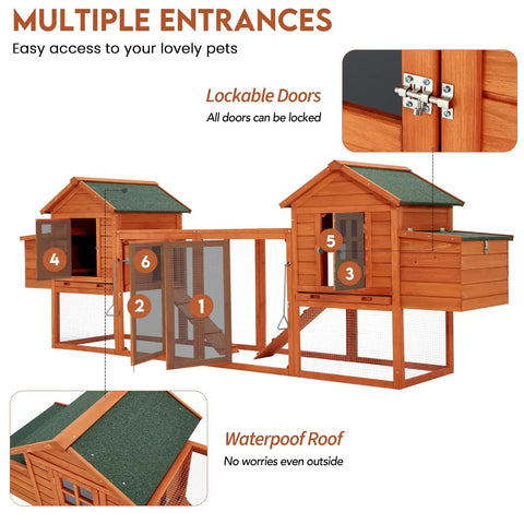Image of Big Ol Wooden Chicken Coop With Run For 4-6 Chickens, showing multiple entrances, lockable doors, and waterproof roof.