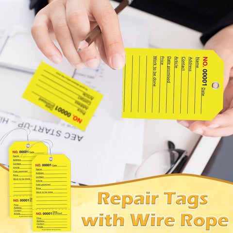 100 Pack Yellow Repair Tags With Wire Ties And Grommets, Numbered Tear Off Price Notice And Maintenance Labels For Production Equipment, Durable 2.6 x 5.25 Inch Notices on hand
