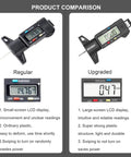 Product comparison between regular and upgraded digital tire tread depth gauges with large LCD display showing measurements.