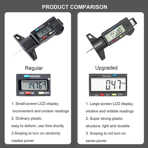 Product comparison between regular and upgraded digital tire tread depth gauges with large LCD display showing measurements.