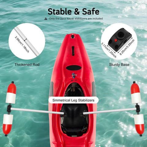 Yak Outrigger Stabilizer Kit Two Piece Detachable PVC Boat and Canoe Stabilizer System For Marine Use Boosts Balance and Safety Ideal For Fishing and Paddling White and Red in action on red kayak showing sturdy base and thickened rod.