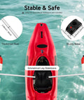 Top view of kayak with Two Piece Kayak Outrigger Stabilizer Kit, PVC aluminum pontoon floats, and poles on calm water.