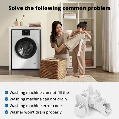 Woman and child with laundry next to washer highlighting Washer Water Level Pressure Switch Replacement for Whirlpool and Maytag Models Plug And Play Fit With W10448876 PS11754877 AP6021553 2312075 WPW10448876VP Durable High Compatibility Easy Install and Trusted Performance