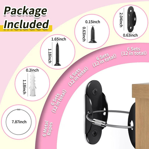 Package contents for Heavy Duty Anti Tip Furniture Anchors Six Pack, showing screws, anchors, and metal ropes.