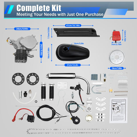 100Cc Bicycle Engine Kit For 26 To 28 Inch Bikes 2 Stroke Gas Motor Conversion With Air Cooling Upgraded Sprocket Red Speed Carburetor CDI And Full Accessories For Quick DIY Bike Motor Build, kit components displayed