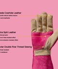 Long Leather Gardening Gloves For Women With Rose Pruning Design Heat Resistant Heavy Duty Work Gloves Pink Medium close-up
