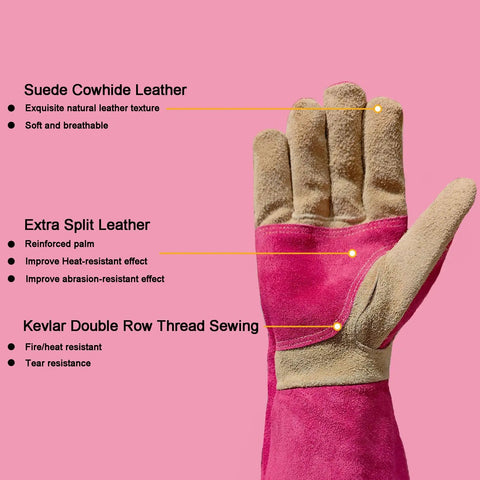 Long Leather Gardening Gloves For Women With Rose Pruning Design Heat Resistant Heavy Duty Work Gloves Pink Medium close-up