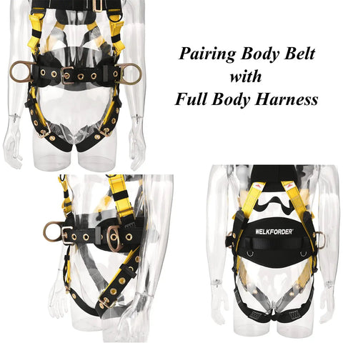 Tongue Buckle Body Belt With Waist Pad And Dual Side D Rings Safety Harness For Work Positioning and Restraint Personal Protective Gear for Construction Roofing and Window Cleaning Fits 30 to 45 Inch Waist Fall Arrest Ready on mannequin