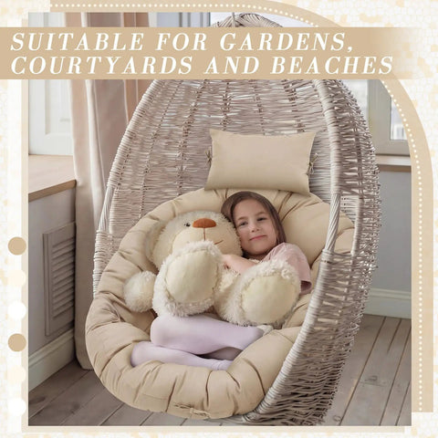 Child sitting on beige egg chair with Beige Egg Chair Cushion Replacement 45x45 For Hanging Basket Hammock Swing Waterproof Pad With Headrest Indoor Outdoor Porch Backyard Patio Garden Weatherproof Fade Resistant No Fuss Easy Install, indoors