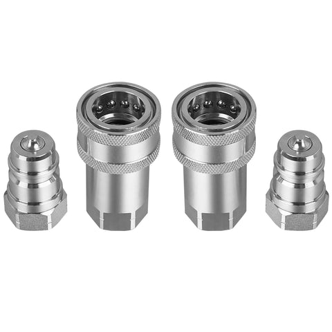 Four-piece 1/2 in ISO 7241-A hydraulic quick-connect tractor coupler set in silver with dust caps (two female, two male).