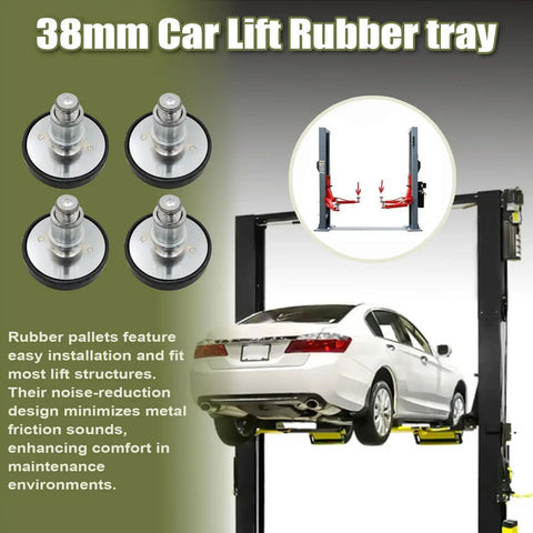 Heavy Duty 4 Pack 38mm Car Lift Rubber Pads For Two Post Lift Screw Heightening Feet on a lift with a car.