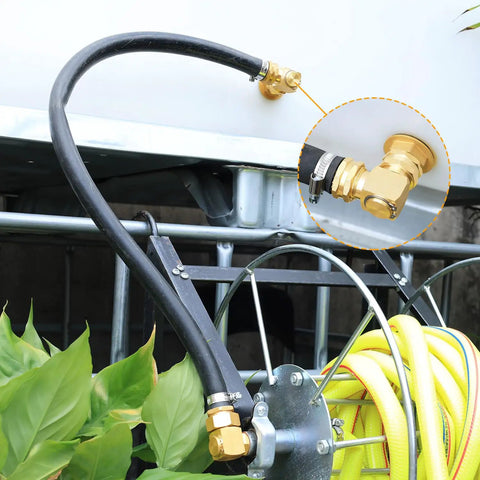 90 Degree Garden Hose Swivel Elbow Connector Three Quarter Inch GHT Brass Elbow on hose at tank outlet