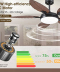 52 Inch Brown Tropical Outdoor Palm Leaf Ceiling Fan With Integrated Lights And Wireless Remote showcasing high-efficiency DC motor specs.