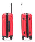Two red 20-inch hardshell carry-on luggage with spinner wheels and telescoping handles.