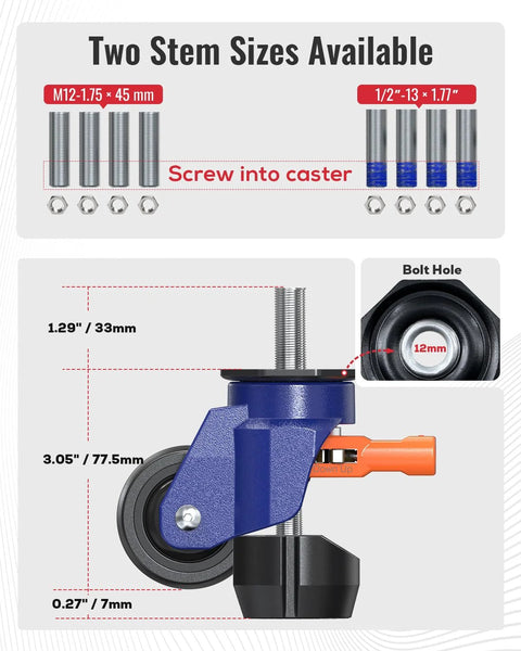 Heavy Duty Leveling Casters Set Of 4 With Retractable Wheels And Ratchet Handle One Half Inch And M12 Stem Sizes diagram