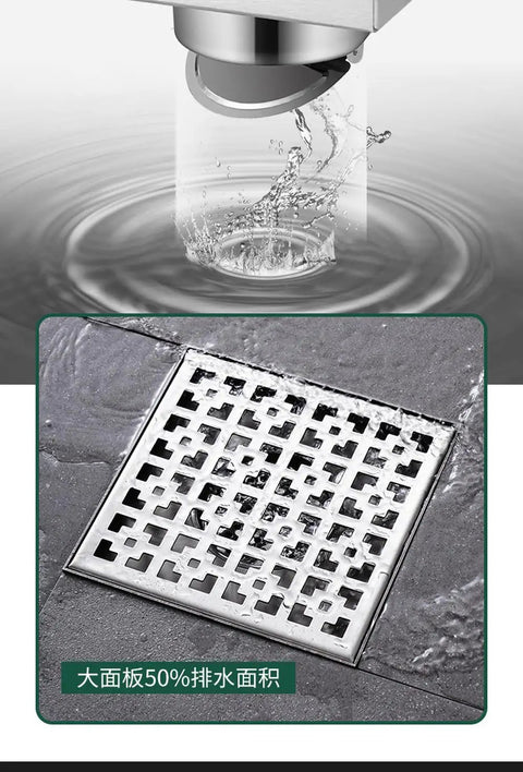 Top Shelf Built Tough Premium Stainless Steel Shower Drain Featuring Removable Odor Trap And Fast Flow Drainage Channel For Humid Bathrooms and Heavy Duty Plumbing Upgrades with visible water flow and installation area.