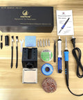 Heated 100W Soldering Iron Kit With LCD Temp Readout And Auto Sleep, tools and accessories laid out, including solder sucker and tips.