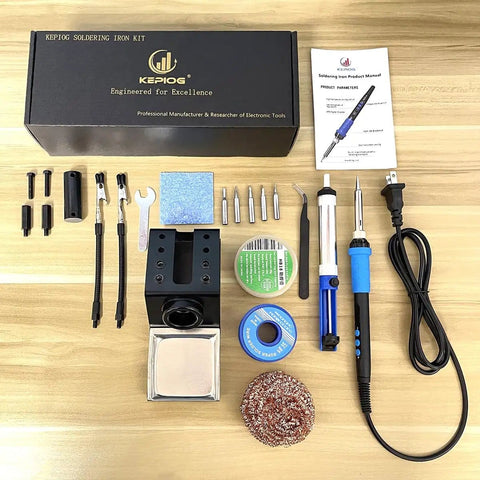 Heated 100W Soldering Iron Kit With LCD Temp Readout And Auto Sleep, tools and accessories laid out, including solder sucker and tips.