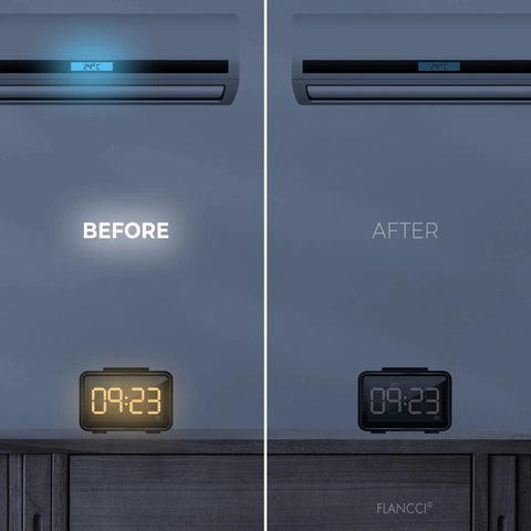 Comparison of LED dimming stickers for sleep friendly light reduction, showing before and after glare reduction on electronic display.