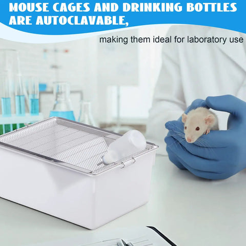 Heavy Duty Two Pack Lab Mouse Breeding Cages Spacious Plastic Rodent Housing with Quick Snap Water Bottles in lab setting.
