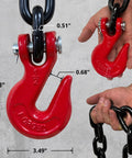 Heavy Duty One Half Inch By Twenty Foot Grade Eighty Transport Binder Chain With Twelve Thousand Lbs WLL And Forty Eight Thousand Lbs Break Strength, Clevis Grab Hooks For Tie Down And Towing, Oil Free Surface And Corrosion Resistant Blackened Steel, close-up of red clevis grab hook with size dimensions.