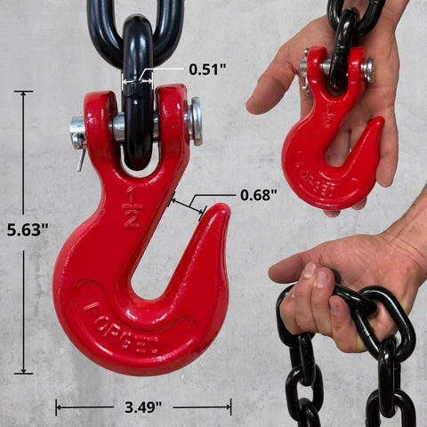Heavy Duty One Half Inch By Twenty Foot Grade Eighty Transport Binder Chain With Twelve Thousand Lbs WLL And Forty Eight Thousand Lbs Break Strength, Clevis Grab Hooks For Tie Down And Towing, Oil Free Surface And Corrosion Resistant Blackened Steel, close-up of red clevis grab hook with size dimensions.