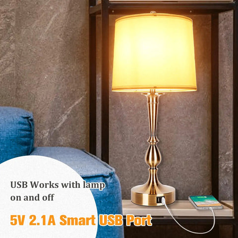 Dual USB Bedside Lamps With USB Ports And Outlets, Touch Control 3 Way Dimmable Lighting With White Lampshade, Mid Century End Table Lamps For Living Room Or Bedroom, Includes 2 LED Bulbs