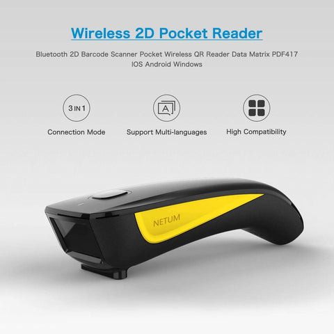 Compact Bluetooth Barcode Scanner For 1D And 2D Codes, Mini Wireless USB Cordless Reader, black and yellow design.