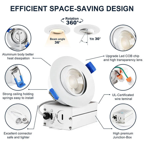 4 Pack 3 Inch Gimbal LED Recessed Lights With Junction Box, 10W Waterproof design features and components highlighted