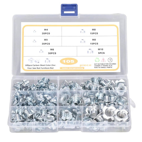 Extensive T Nut Assortment Kit With 105Pcs Galvanized Carbon Steel Tee Nuts M10 Pronged Threaded Inserts for Woodworking Projects